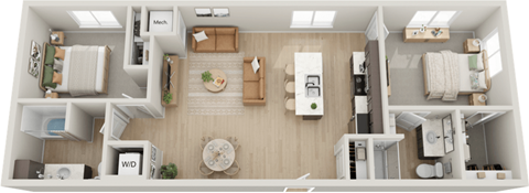 A top-down view of a two-bedroom apartment with a living room, kitchen, and bathroom.